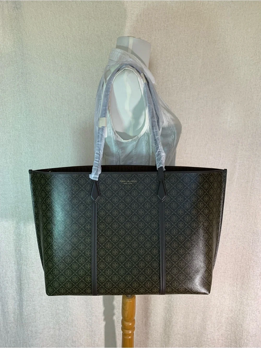 Tory Burch Perry Brown Monogram Coated Canvas Large Tote Bag